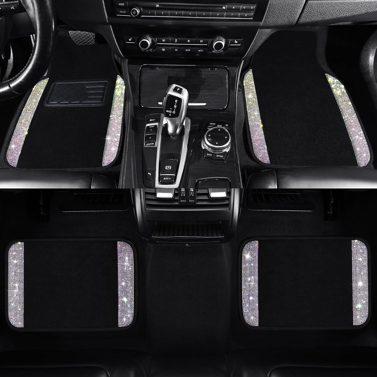VarCozy - Alfombrillas de piso de diamantes de imitación para automóviles, alfombrillas de vidrio brillante con almohadilla antideslizante para el talón para mujer, 4 alfombrillas universales de diamante brillante para SUV, sedán, multicolor