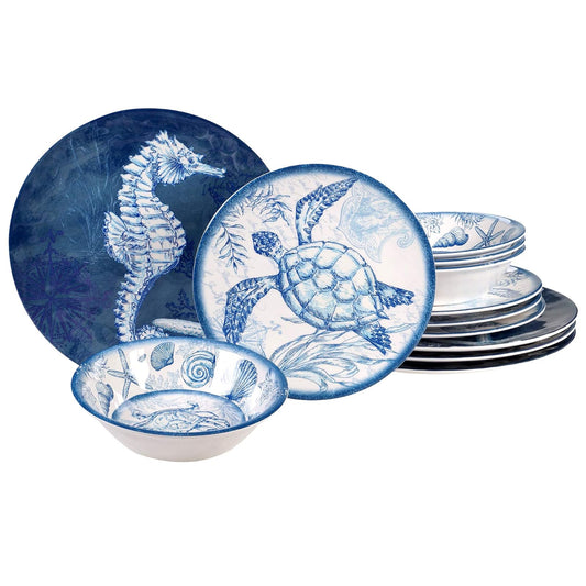 Certified International Oceanic - Juego de vajilla de melamina de 12 piezas, servicio para 4, multicolor