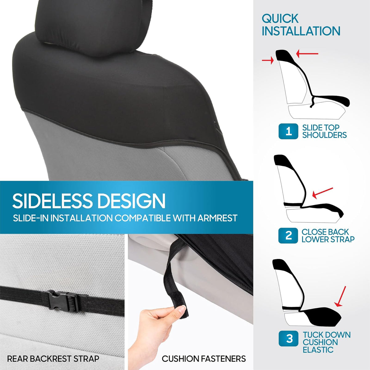 BDK SC553 Juego Fundas Asiento Automóvil Leopardo Negro Delanteros Estampado Animal Reposacabezas Diseño Sin Lados Fácil Instalación para Automóviles Camiones SUV 2 Piezas