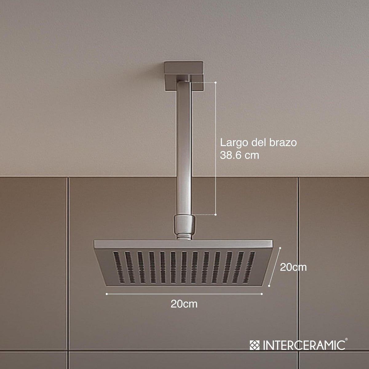 Interceramic Conjunto de regadera Cuadrada Monomando de Techo Dublín en Cromo Pulido | Cabezal Giratorio 360° | con Llave Mezcladora | Cartucho Cerámico antigoteo
