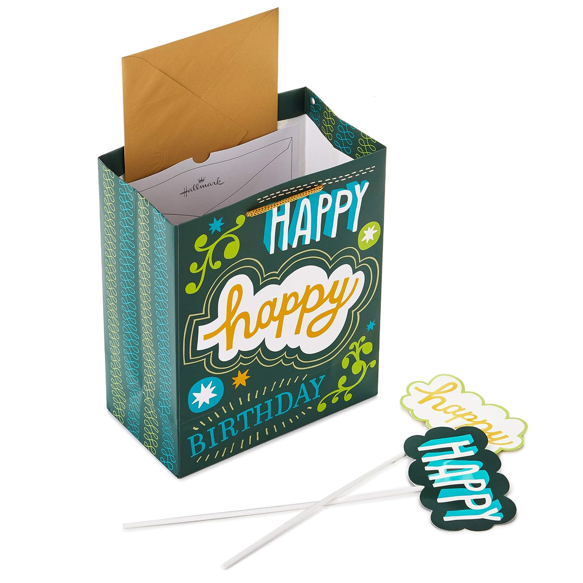Hallmark - Bolsa de regalo de cumpleaños mediana de 9 pulgadas con papel de seda y mini carteles (Feliz cumpleaños, verde, gris, azul letras a mano)