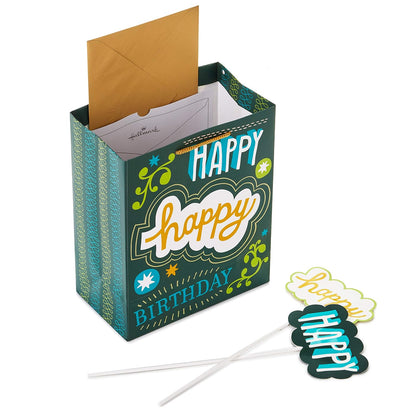 Hallmark - Bolsa de regalo de cumpleaños mediana de 9 pulgadas con papel de seda y mini carteles (Feliz cumpleaños, verde, gris, azul letras a mano)