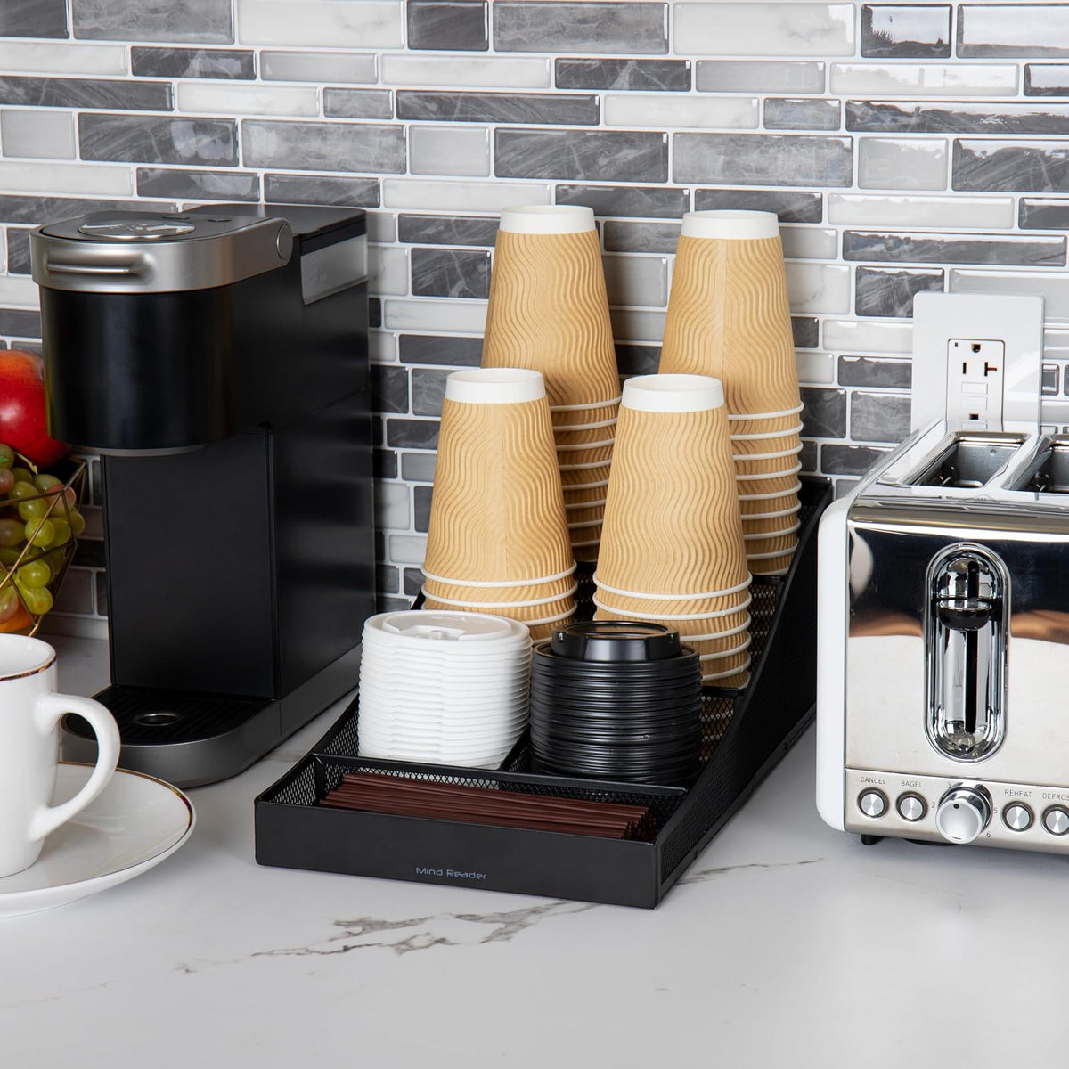 Mind Reader Cup and Condiment Station, Countertop Organizer, Coffee Bar, Kitchen, Metal Mesh, 8.5"L x 14.5"W x 5.25"H, Black