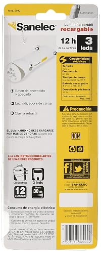 SANELEC, Linterna Portátil Recargable, 10 horas de Luz Continua, 1.7 W, Diseño Moderno, Modelo 2090