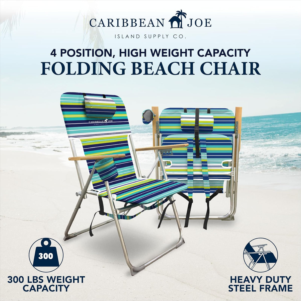 Caribbean Joe - Silla de Playa Plegable, Mochila portátil de 4 Posiciones, Silla de Camping Plegable con reposacabezas, portavasos y reposabrazos de Madera, Rayas Azules y Lima