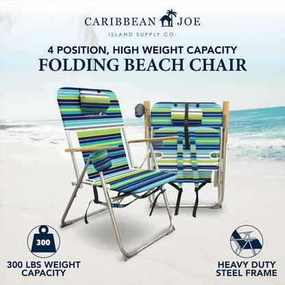 Caribbean Joe - Silla de Playa Plegable, Mochila portátil de 4 Posiciones, Silla de Camping Plegable con reposacabezas, portavasos y reposabrazos de Madera, Rayas Azules y Lima