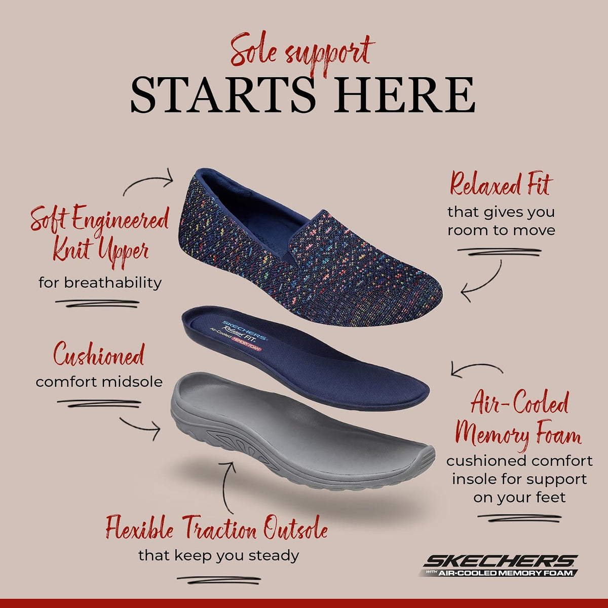 Skechers Reggae Fest - Wicker - Zapatilla sin Cierre de Punto diseñado Twin Gore (Willows) Mocasín Plano para Mujer