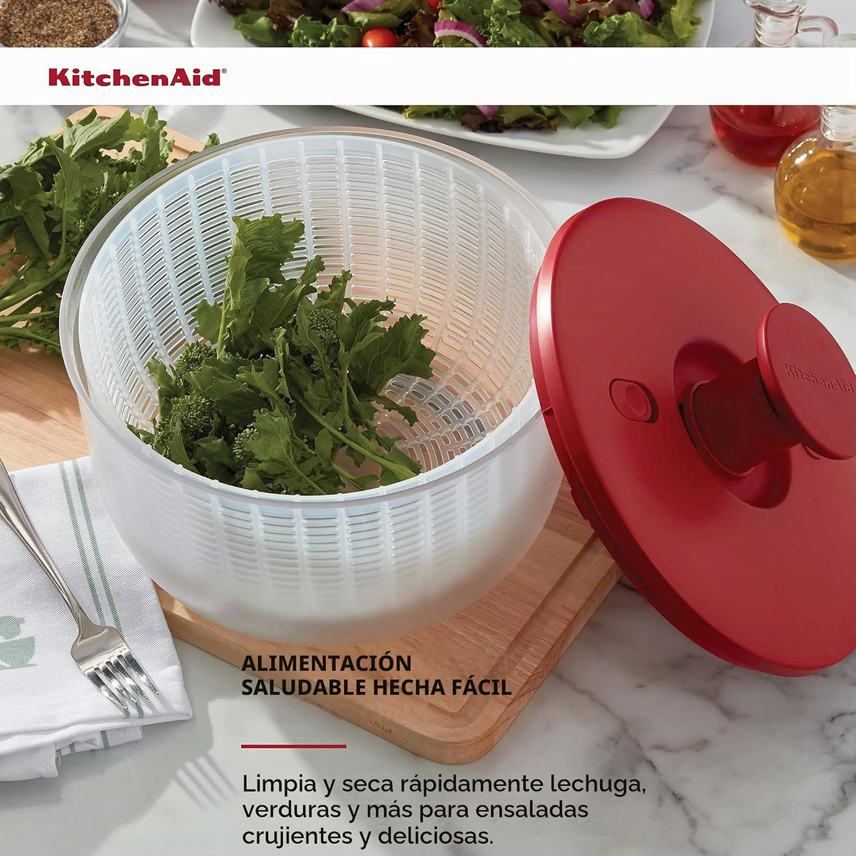 Kitchenaid Spinner Universal para Ensaladas con Tazón Extraíble, Colador y Mecanismo de Bomba con una Sola Mano, Nidos de Tazón Grande y Cuenta con Base Antideslizante, 7.43 Cuartos de Galón, Rojo