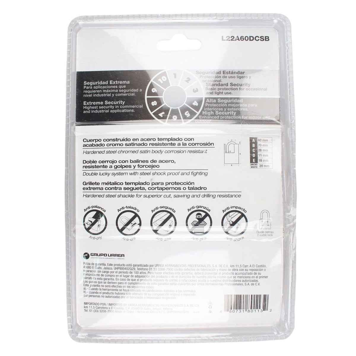 Lock L22A60DCSB Candado antipalanca doble cerrojo 60 mm, llave de disco