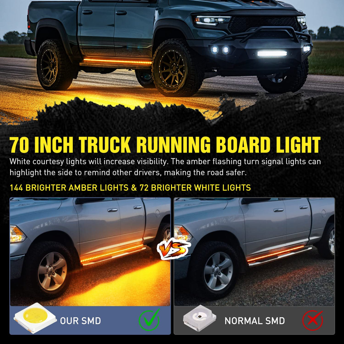 Nilight TL-311 Paquete de 2 Tiras LED de 70 Pulgadas para Estribo de Camión, 216 LED, Blancas/Ámbar Secuencial, para Cabina Extendida