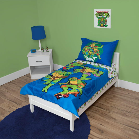 Juego de Ropa de Cama de 4 Piezas Teenage Mutant Ninja Turtles – Incluye edredón, Juego de sábanas, Ajustable + sábana Superior + Funda de Almohada Reversible para Cama de niños, Azul