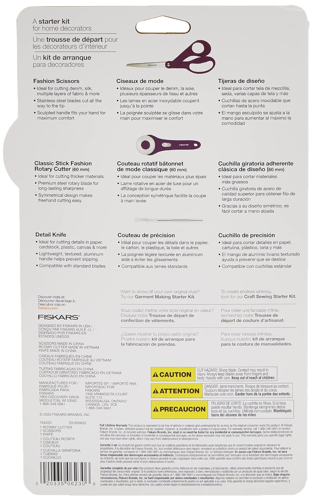 Fiskars Decor - Juego de 3 piezas de cortador giratorio, cuchillo y tijeras de 8 pulgadas, decoración del hogar, color morado 3 unidades