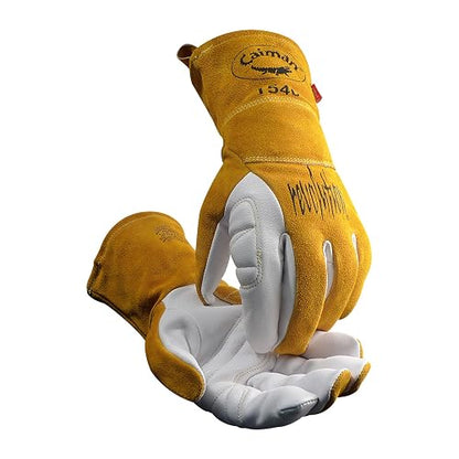 Caiman - Guantes de soldadura TIG/multitarea de grano de cabra, parte trasera de piel vacuno dividida, puño extendido de 4 pulgadas, blanco/dorado, L (1540-5)