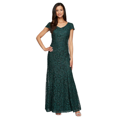 Alex Evenings Vestido Largo con Rosetas Metálicas Manga Corta - 8 - Hunter Green - Encaje con cordón