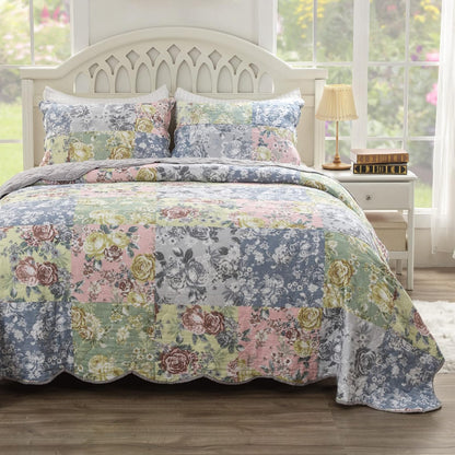 Greenland Home Emma Floral clásico Juego de edredón Reversible, Tamaño 3 Piezas King, Gris