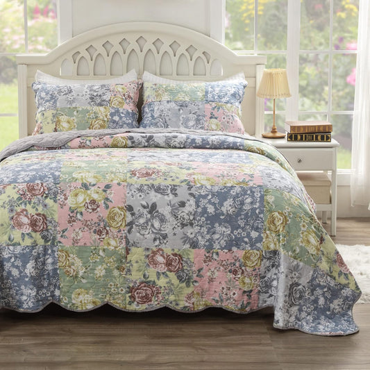 Greenland Home Emma Floral clásico Juego de edredón Reversible, Tamaño 3 Piezas King, Gris