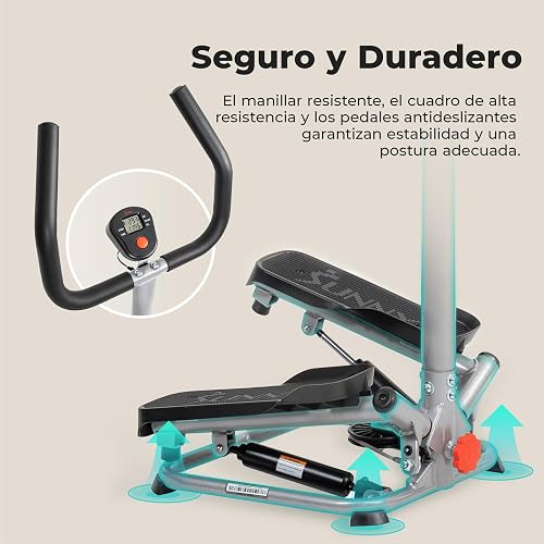 Sunny Health & Fitness Mini Stepper Giratorio Smart con Manillar | Giro Lateral, 160 kg, App SunnyFit, Altura Ajustable, Escaladora Hidráulica, Pantalla LCD, Soporte Dispositivo