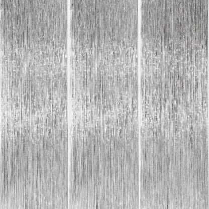 PartyWoo Cortina de Flecos Metálicos para Fiesta, Paquete de 3 - Plata-1449 - 3.3x8.2 Feet