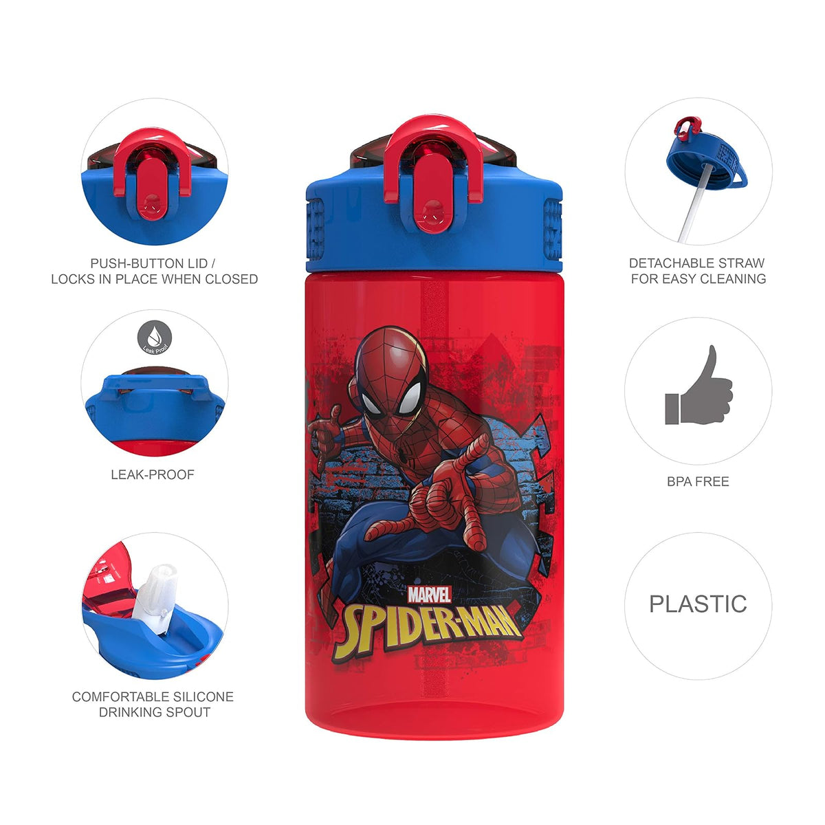 Zak Designs Marvel Comics - Recipiente de sándwich reutilizable, diseño de Spider-Man, Botella de agua, Hombre araña, 16 onzas, 1