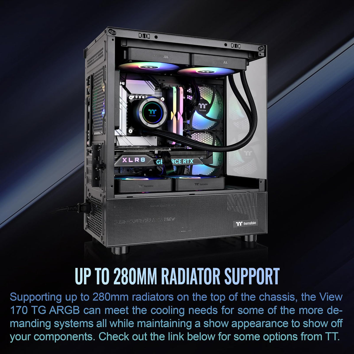 Thermaltake View 170 TG ARGB Funda Micro ATX Negra; Ventiladores ARGB de 3 x 120 mm incluidos; soporta radiador de hasta 280 mm; Panel de Vidrio Templado Doble Frontal y Lateral; CA-1Z4-00M1WN-00;