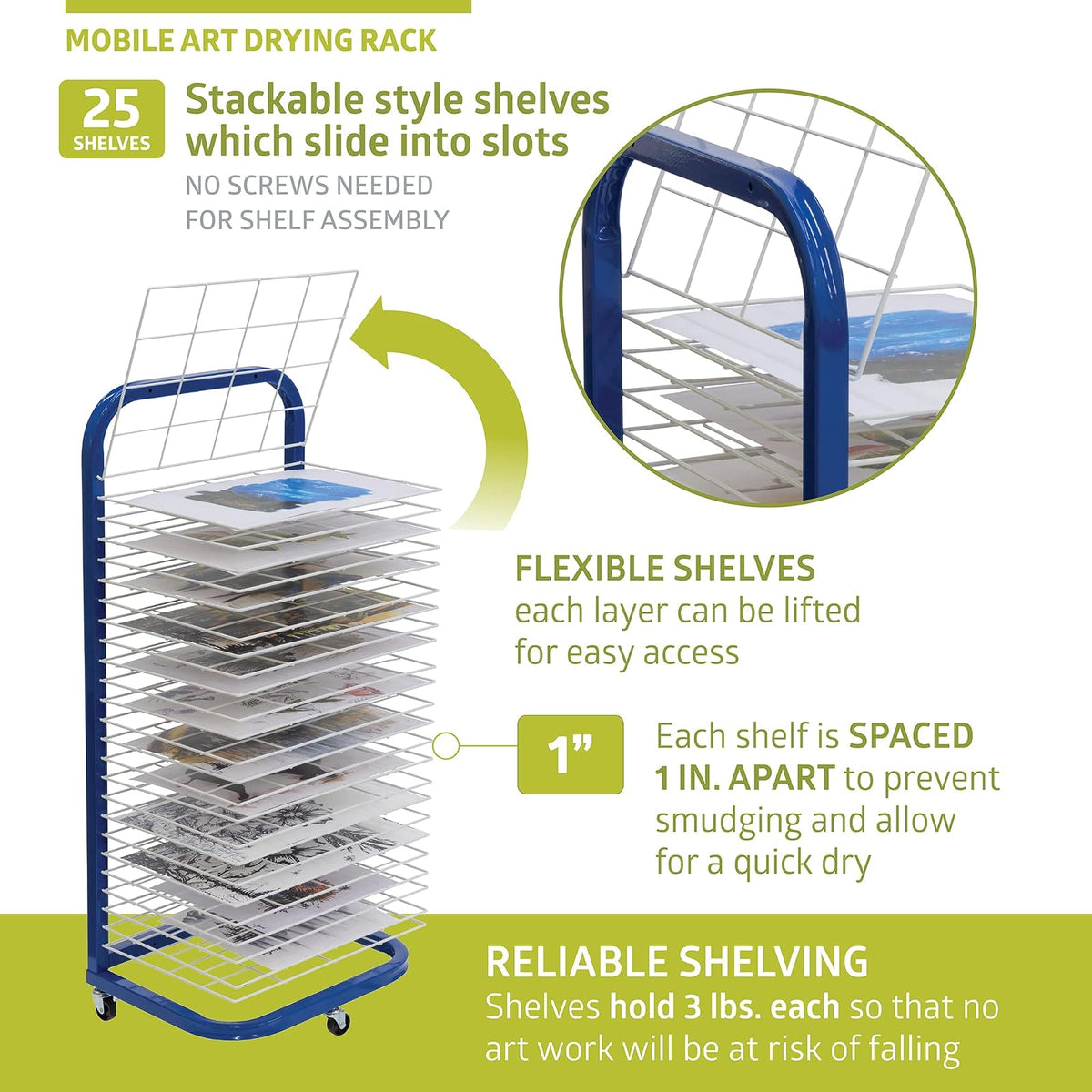 Pearington - Estante de Secado de Arte móvil y de Pared de 25 estantes para Estudios de Arte y aulas, 13 Pulgadas de Profundidad x 17.5 Pulgadas de Ancho x 39.5 Pulgadas de Alto, Azul/Blanco