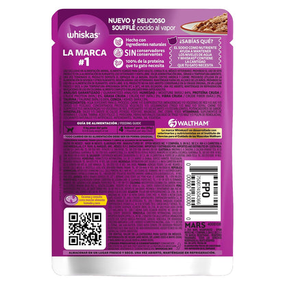 Whiskas - Sobres para Gato, Sabor Soufflé De Res, 85g c/u., Fibra Natural, Minerales, Vitaminas A, Sin Conservadores, 24 Sobres