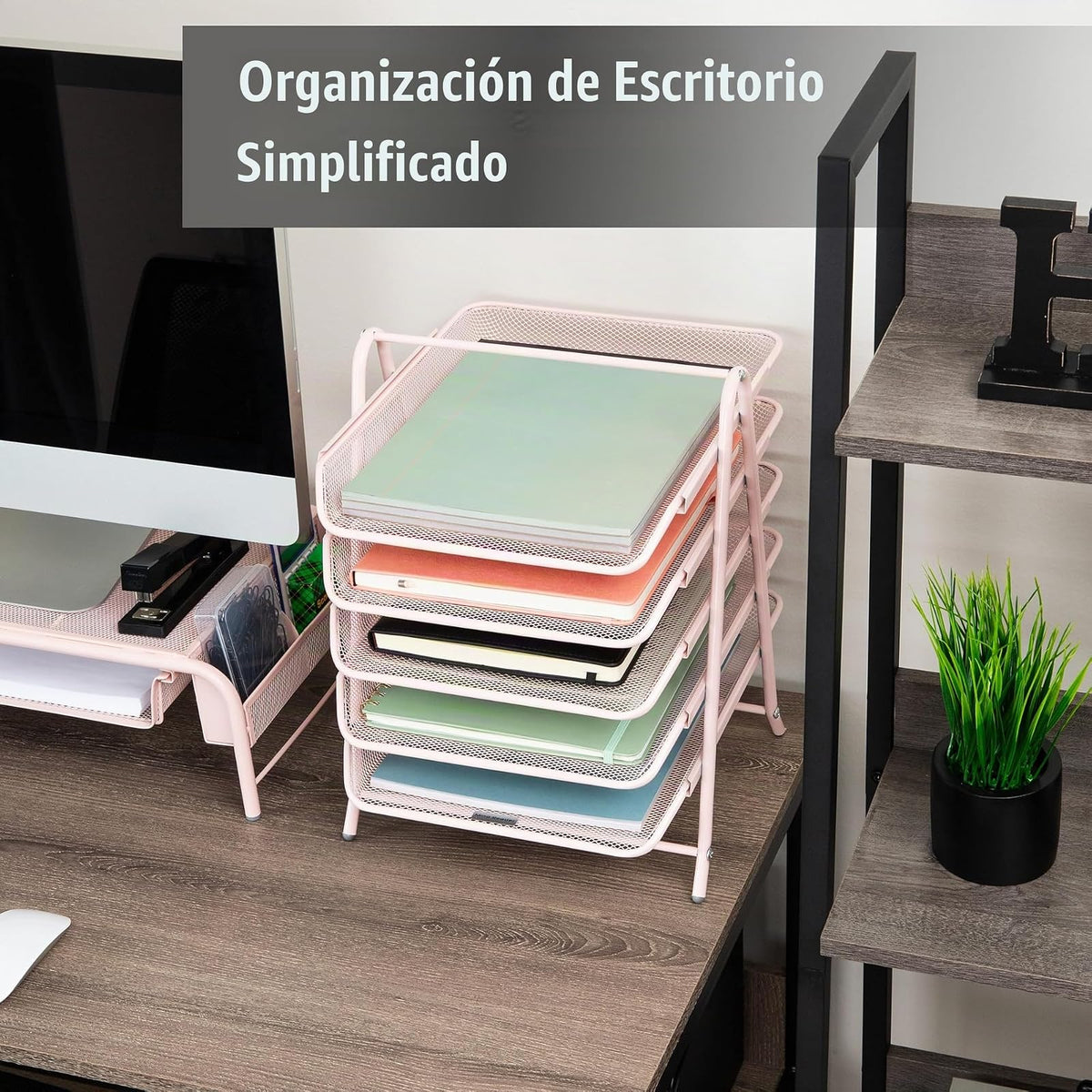 Betesh Mind Reader 5-Tier Paper Tray, Desktop Organizer, File Storage, Workspace, Office, Metal Mesh, 11.75" L x 14" W x 14.5" H, Pink