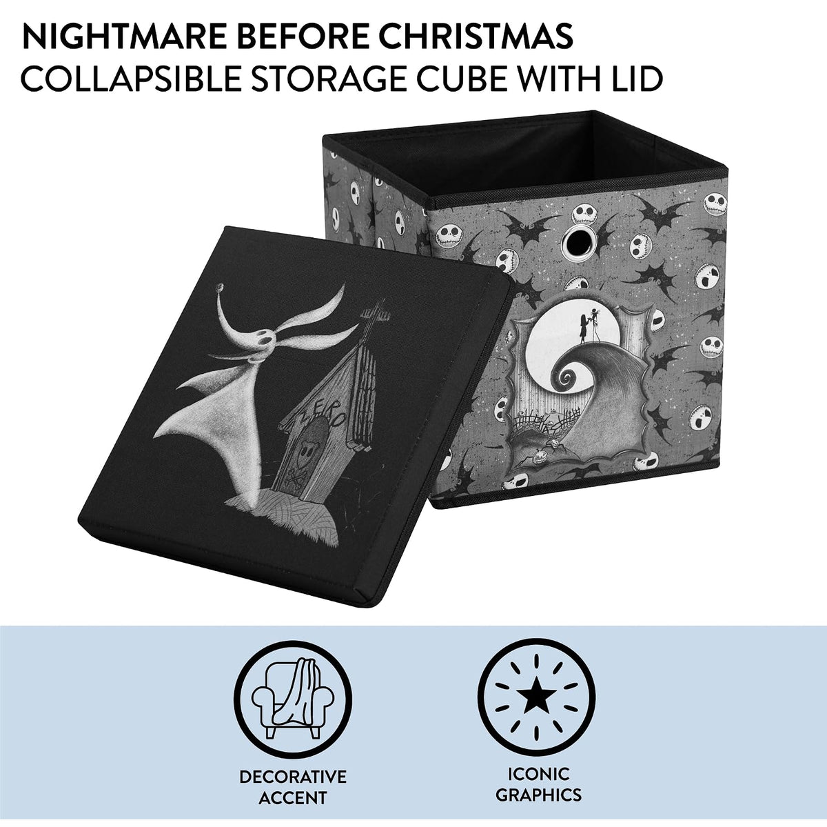 Idea Nuova The Nightmare Before Christmas cubeta de almacenamiento plegable con tapa extraíble, 10 x 10 x 10 pulgadas Organizador de tela para artículos esenciales
