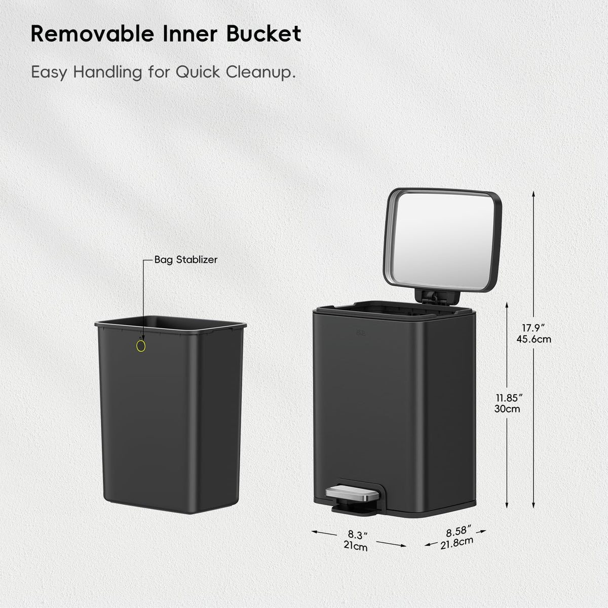 EKO Madison - cubeta de basura para baño de 6 litros/1.6 galones con tapa y cesta interior extraíble, cubeta de basura rectangular de pequeño paso, acero inoxidable cepillado