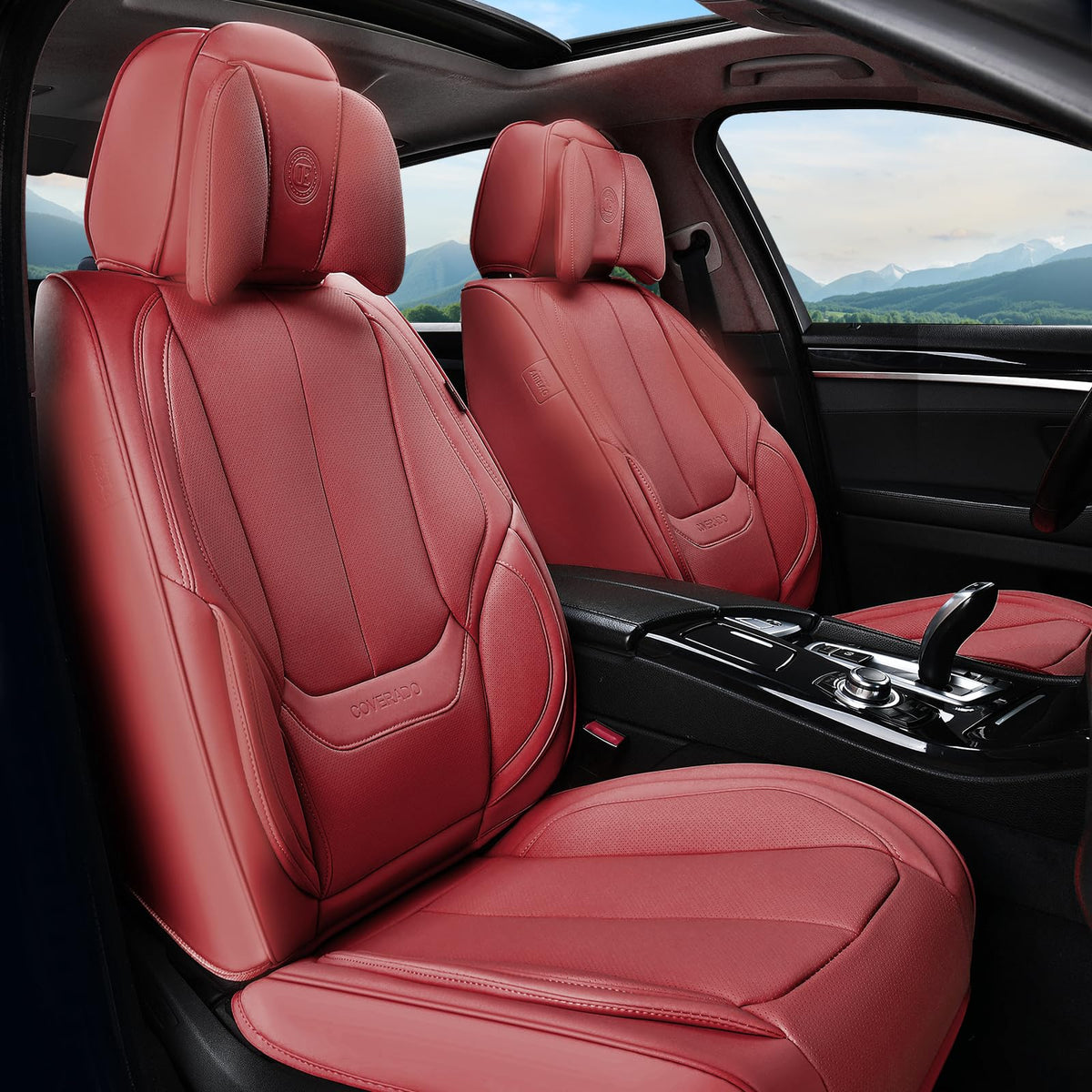 Coverado Juego Completo de Fundas de Asiento universales, Fundas de Asiento universales para Automóviles, Fundas de Asiento de Cuero Nappa Impermeables con Almohada para la Cabeza, 5 Protectores - Rojo (almohada) - Conjunto completo