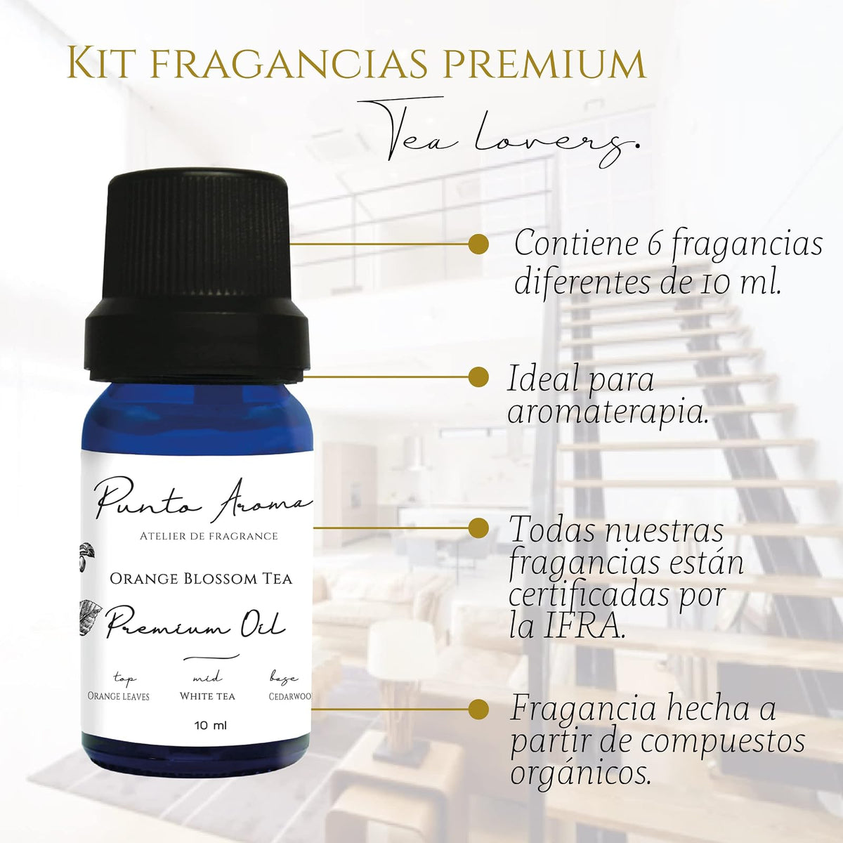 Punto Aroma - Aromaterapia - Set de 6 fragancias para difusor humidificador - Incluye 6 frascos de 10ml - Fragancia Premium (Tea Lovers)