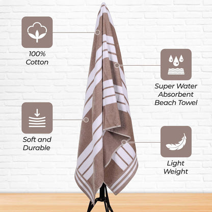 Superior Collection Luxurious Jacquard Cotton Beach Towels, Oversized, Taupe Cabana Stripes
