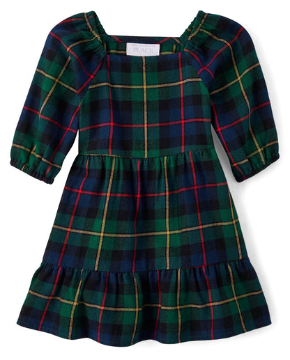 The Children's Place Vestido de Moda de Manga Corta para niños pequeños Atuendo de Jugador para Niñas - Verde (Green Plaid) - 3 Años