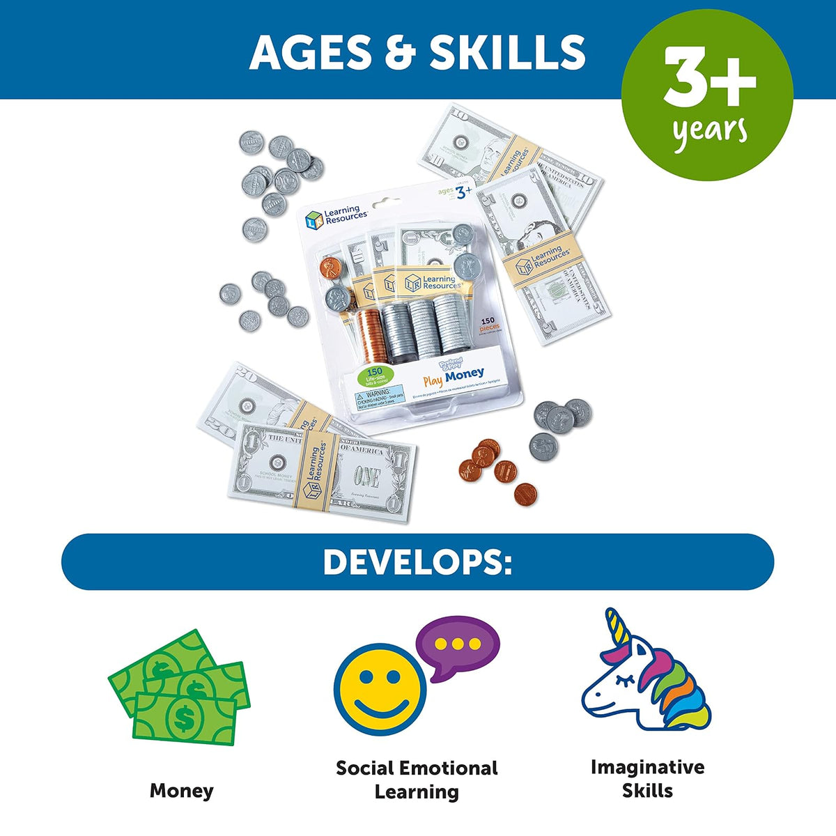 Learning Resources Pretend & Play - Play Money, Dinero para Niños, Billetes y Monedas, Desarrolla Habilidades de Matematicas Basica, 150 Piezas, Edades 3+