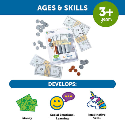 Learning Resources Pretend & Play - Play Money, Dinero para Niños, Billetes y Monedas, Desarrolla Habilidades de Matematicas Basica, 150 Piezas, Edades 3+