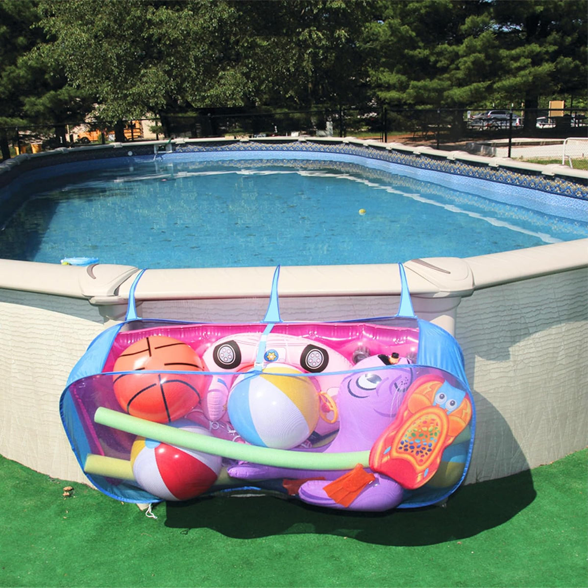 POOL BLASTER Water Tech Pool Pouch – Versatile Pool Storage for Floats, Balls, Inflatable Toys, Patio Accessories - Heavy Duty Reinforced Attaches to Pool Side, Fence or Free Standing