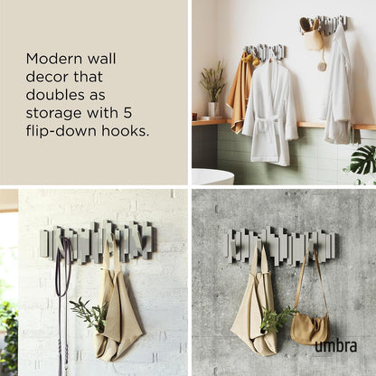 Umbra Sticks perchero de pared con gancho de riel y 5 clavijas retráctiles – Organizador de almacenamiento moderno que ahorra espacio, gris