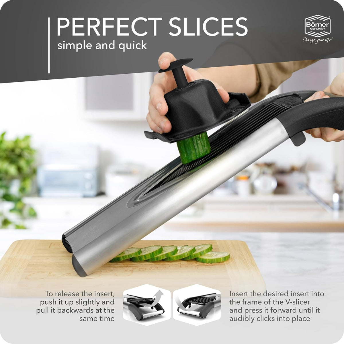 Börner by Reston Lloyd - Cortador de mandolina V6 (juego profesional) - Cortador de acero inoxidable con hoja en V - Cortador de cocina ajustable para verduras y frutas • Varios grosores y rallador