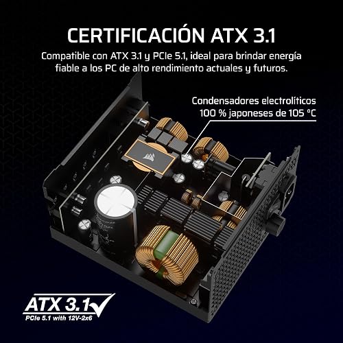Corsair RM1000x Fuente de Alimentación ATX Totalmente Modular de Bajo Ruido – Compatible con ATX 3.1 – Compatible con PCIe 5.1 – Eficiencia Cybenetics Gold – Conector 12V–2x6 Nativo – Negro