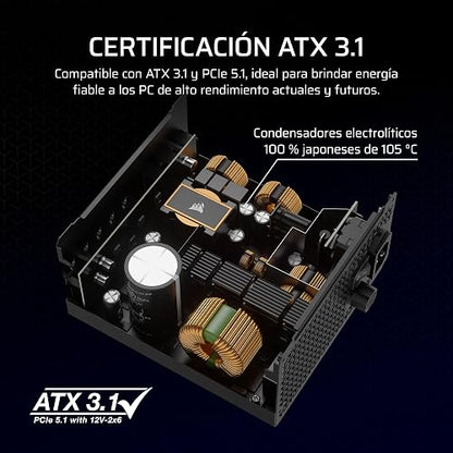 Corsair RM1000x Fuente de Alimentación ATX Totalmente Modular de Bajo Ruido – Compatible con ATX 3.1 – Compatible con PCIe 5.1 – Eficiencia Cybenetics Gold – Conector 12V–2x6 Nativo – Negro