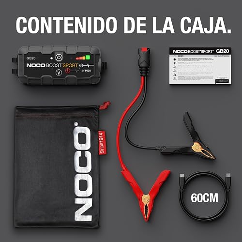 NOCO Boost GB20: Arrancador de batería de Auto 500A – Booster de Litio portátil 12V, Power Bank y Cables para Pasar Corriente – para Motores a Gasolina de hasta 4.0 litros