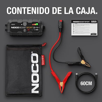 NOCO Boost GB20: Arrancador de batería de Auto 500A – Booster de Litio portátil 12V, Power Bank y Cables para Pasar Corriente – para Motores a Gasolina de hasta 4.0 litros