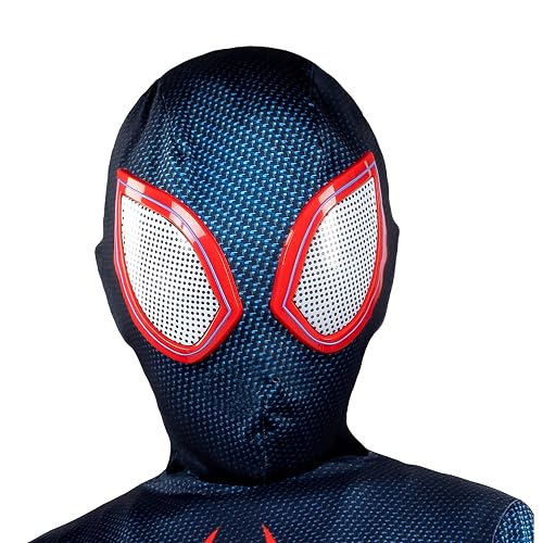 Marvel Miles Morales - Traje Oficial de Zentai Juvenil - Overol de Elastano Estampado y máscara de Elastano Desmontable con Ojos de plástico