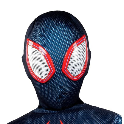 Marvel Miles Morales - Traje Oficial de Zentai Juvenil - Overol de Elastano Estampado y máscara de Elastano Desmontable con Ojos de plástico