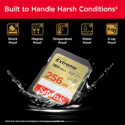 SanDisk Extreme SDXC UHS-I - Tarjeta de Memoria de 256 GB (V30, 180 MB/s de transmisión, U3, vídeo 4K UHD, tecnología QuickFlow, Impermeable, a Prueba de Golpes, Resistente a la Temperatura)