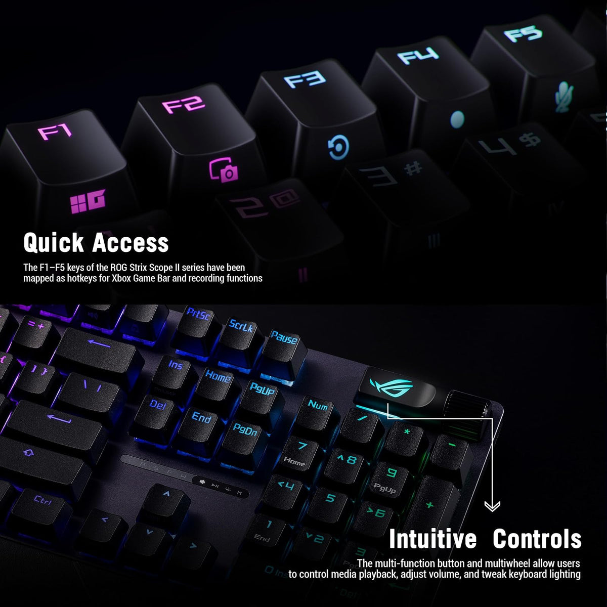 ASUS ROG Strix Scope II X Teclado Gaming, NX Snow V2, PBT, RGB | Teclado gaming con switches ROG NX Snow V2 hot-swap, teclas PBT, espuma acústica, controles multifunción y reposamuñecas.