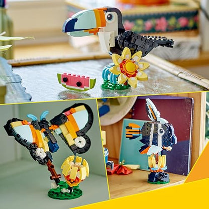 LEGO Creator 3en1 Fauna Salvaje: Tucán Tropical Figura, Se Convierte en Mariposa de Juguete o Modelo de Pez, Regalo para Amantes de la Naturaleza y Niños de 7 Años o Más 31173