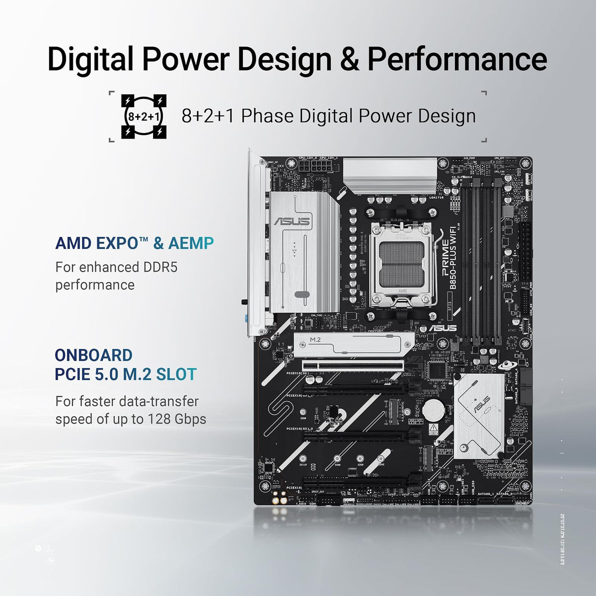 ASUS Prime B850-PLUS WiFi Tarjeta Madre AMD para tu PC de Trabajo y Juego | ATX, AMD AM5, DDR5 hasta 8000+ (OC), PCIe 5.0 x16, 3 ranuras M.2 (1 PCIe 5.0), VRM 8+2+1, WiFi 6E, LAN 2.5Gb, USB-C 10Gbps