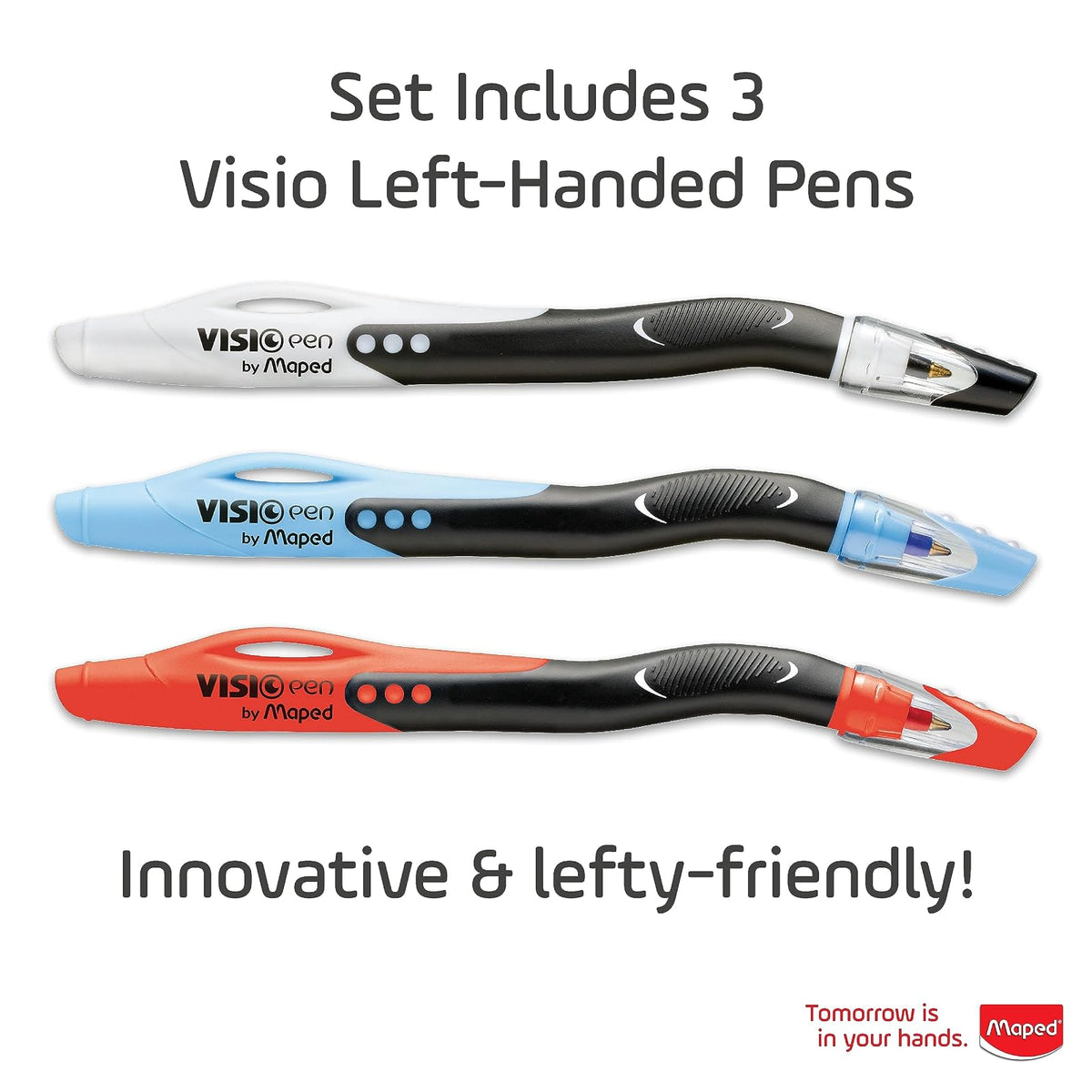 Maped Visio (224324) - Bolígrafo para zurdos, varios colores, el color puede variar, paquete de 3, Desechable, Black, Blue and Red, Paquete de 3