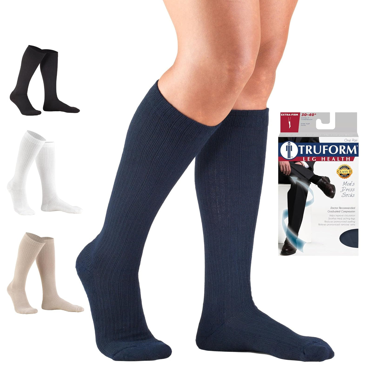 Truform Compression Socks, 10-20 mmHg, Ladies Gym Socks, Knee High Over Calf Length, Navy, Large